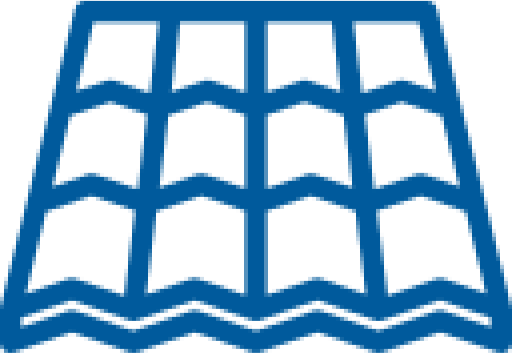 Blue icon of a solar panel with wavy lines at the bottom, suggesting solar energy or photovoltaic technology.