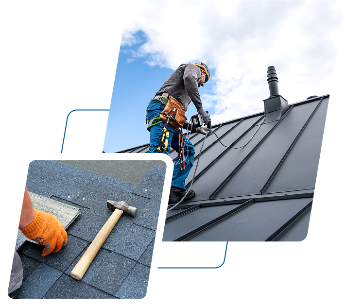 A worker on a metal roof uses safety equipment, while a close-up shows hands installing asphalt shingles with a hammer.