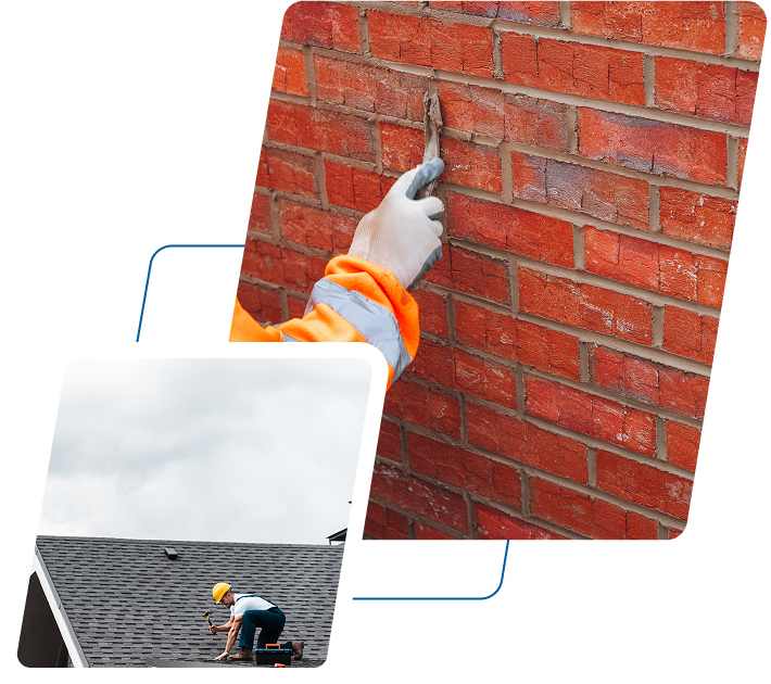 A person repairs brick mortar with a trowel; another person in safety gear works on a rooftop.