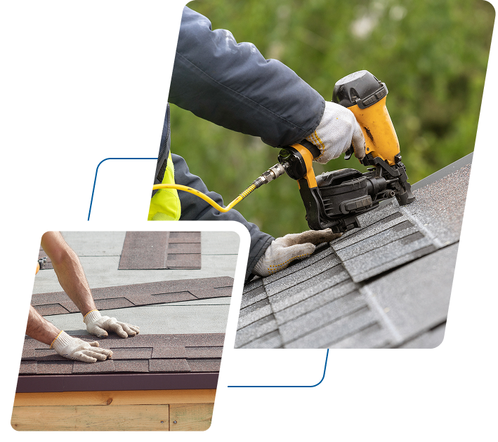 Two images show workers installing asphalt shingles on a roof; one uses a nail gun, the other arranges shingles by hand, both wearing gloves.
