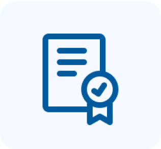 Blue icon of a document with text lines and a check-marked ribbon badge in front, symbolizing certification or approval, on a light background.