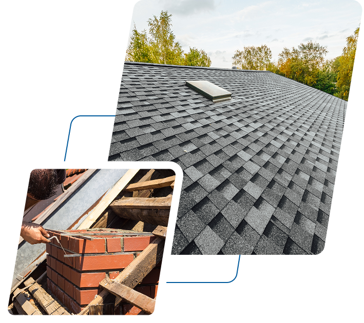 A close-up of a grey shingle roof with a skylight, overlaid with an image of hands constructing a brick chimney on a wooden roof frame.