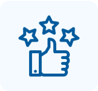 Blue icon of a thumbs up with three stars above it, symbolizing approval, quality, or positive feedback, on a light background.