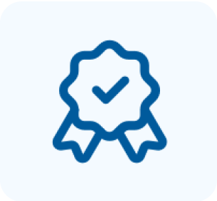 Blue outline of an award ribbon with a check mark in the center, symbolizing certification or approval, on a light gray background.