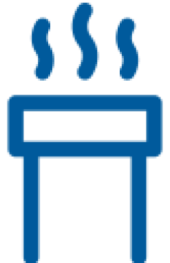 Blue icon of a rectangular grill or stove with three wavy lines above it, representing heat or steam rising.