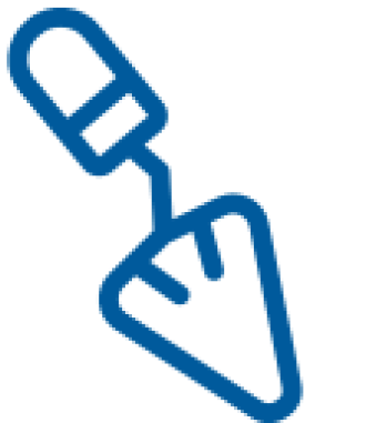 Blue outline icon of a trowel, a small hand tool with a pointed, flat metal blade, commonly used for digging or smoothing materials in construction or gardening.